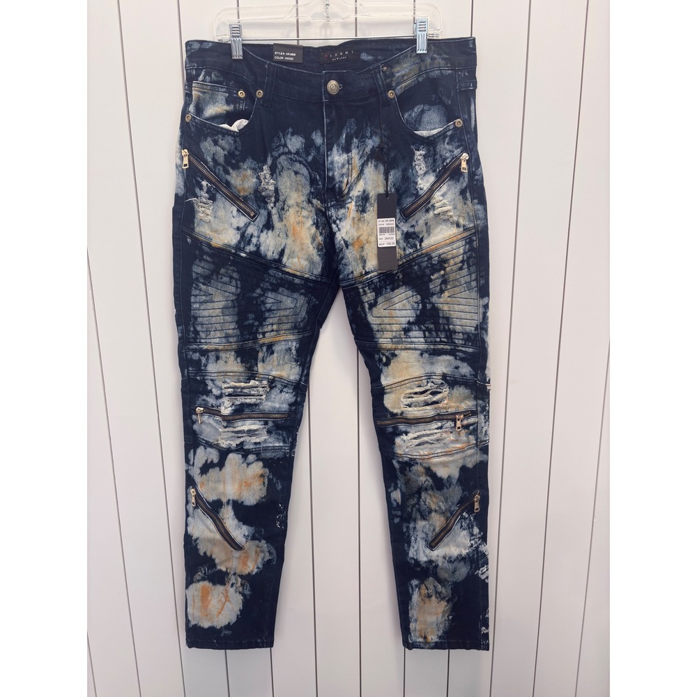 Krome Moto Jeans Mens 36x32 Indigo NWT Distressed Biker Zippers Streetwear